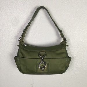 FURLA- Olive green nylon and leather shoulder bag with front clasp